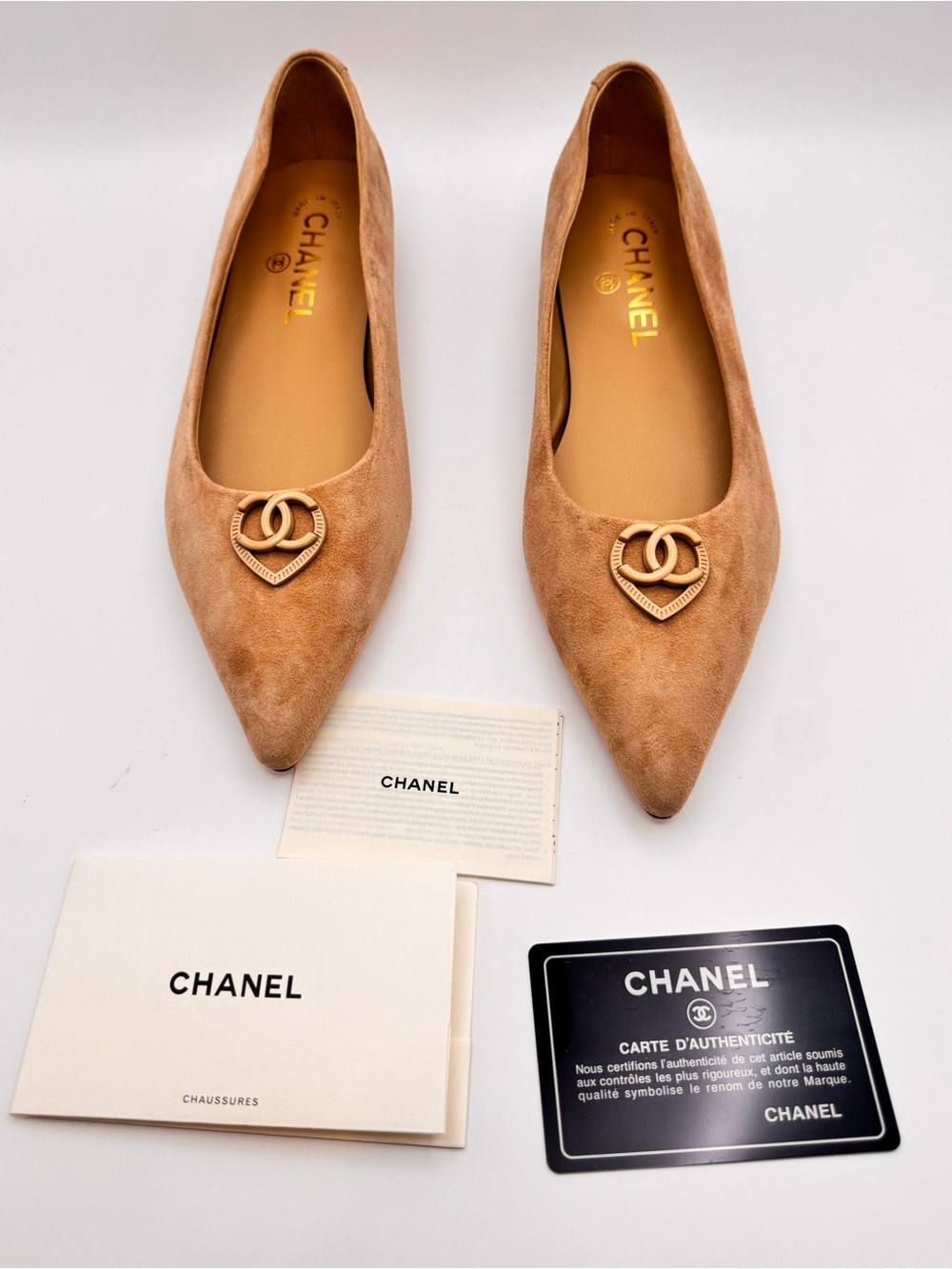Chanel Heart CC Apricot Suede Pointed Toe Ballet Flats Size 37 Italy